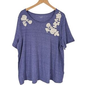 Catherines Plus Size 1X Blue Heathered Applique Floral Short Sleeve Tunic Top